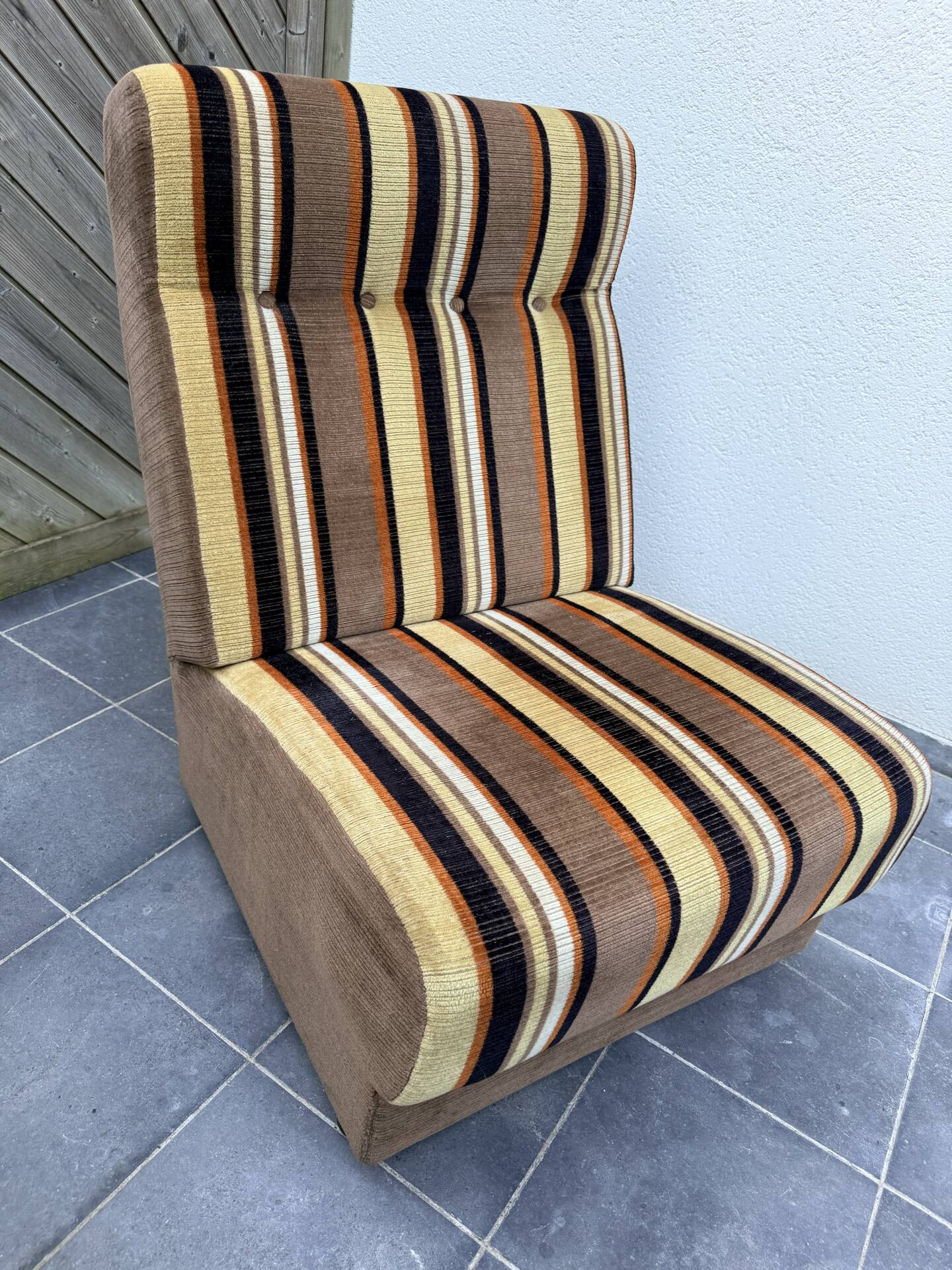 Vintage 1970s lounge chair – striped orange, brown, and cream velvet