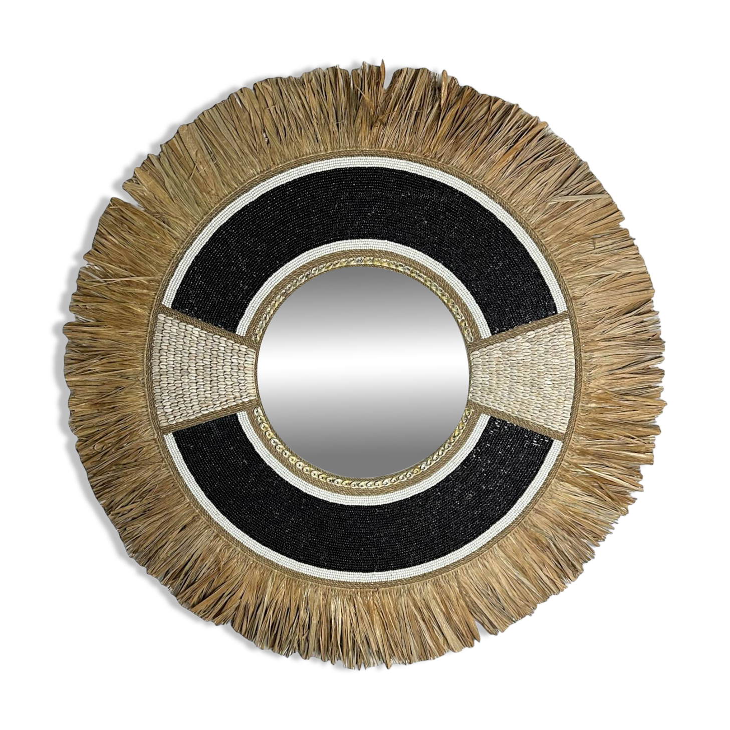 Miroir noir en raphia & plume