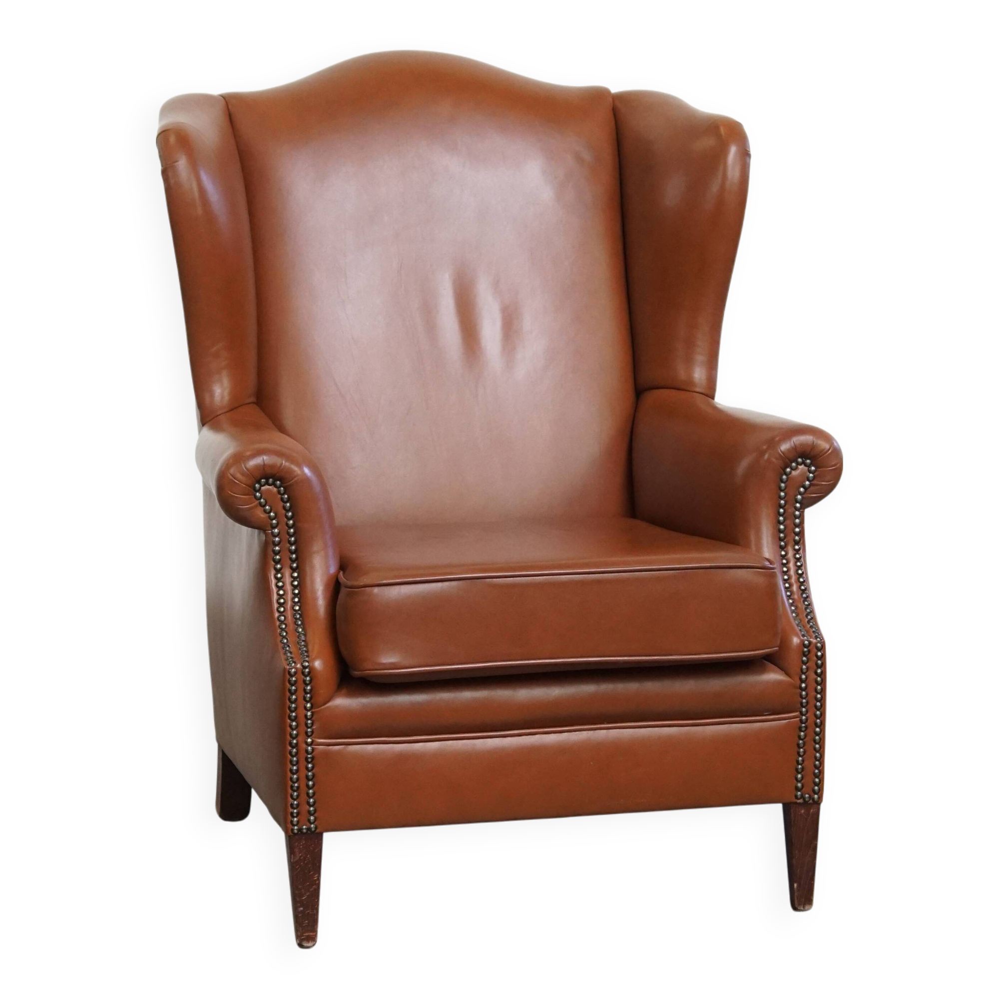 Cognac-Colored Cowhide Leather Wingback Chair in English Style