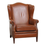 Cognac-Colored Cowhide Leather Wingback Chair in English Style