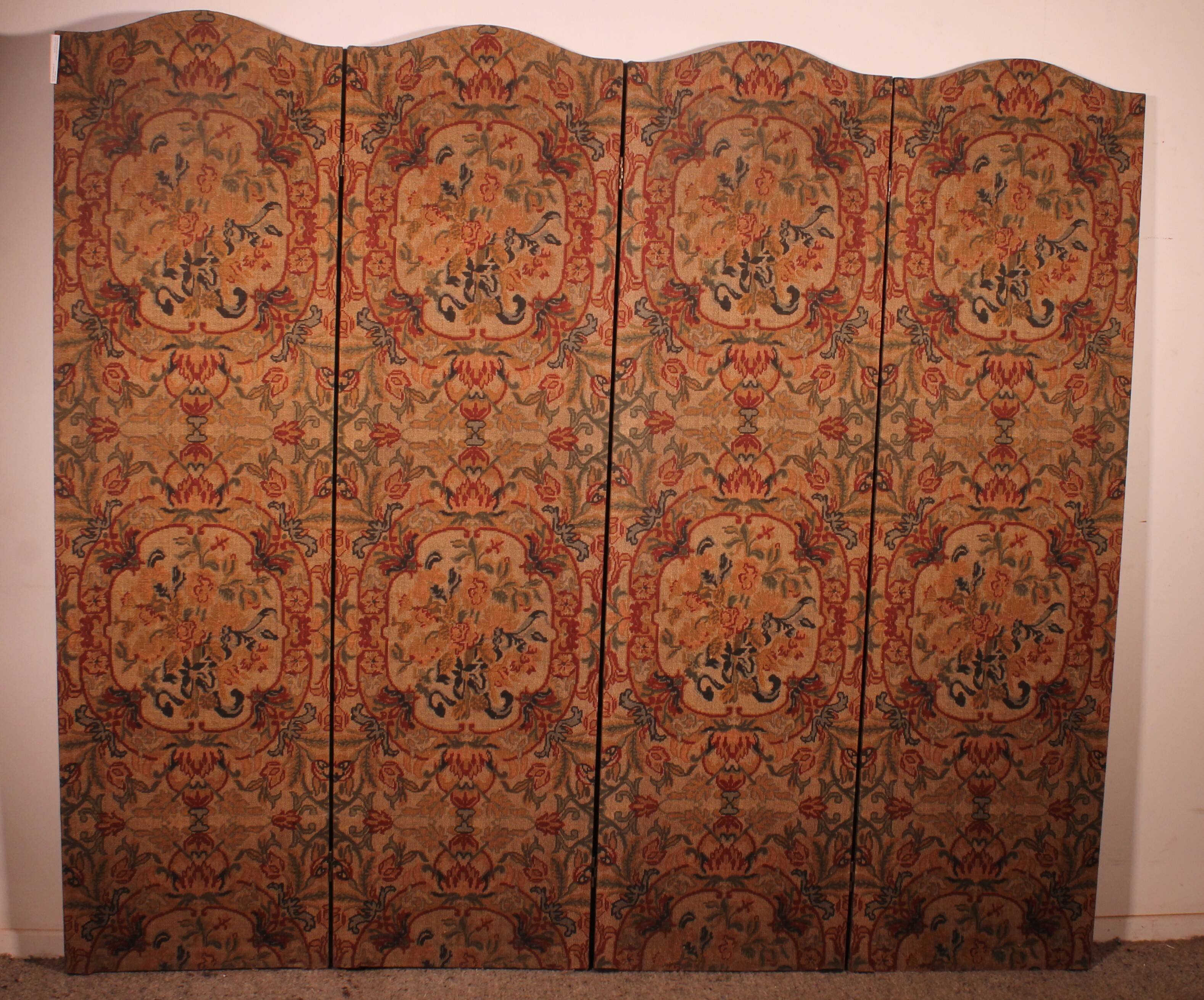 four-panel screen painted on 19th century fabric