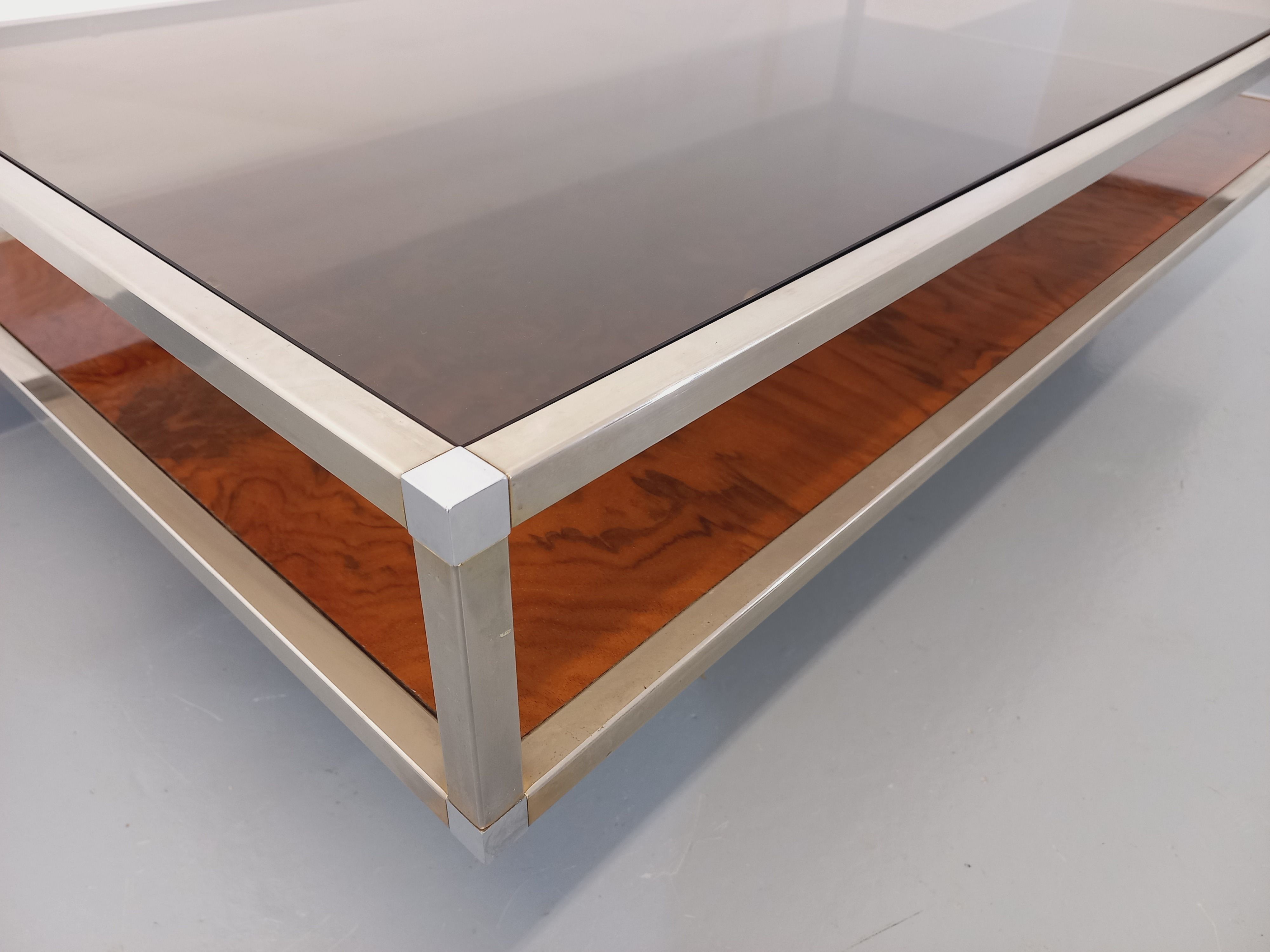 Vintage coffee table in smoked glass, chromed metal and magnifying glass from the 70s