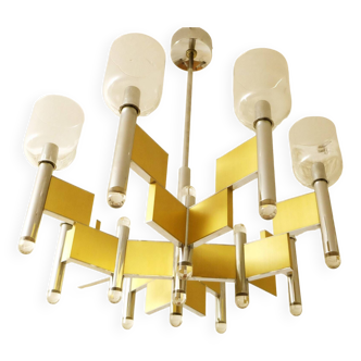 Sciolari brass and glass 8-arm chandelier, Italy 1970s