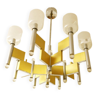 Lustre à 8 bras en laiton et verre Gaetano Sciolari, Italie années 1970