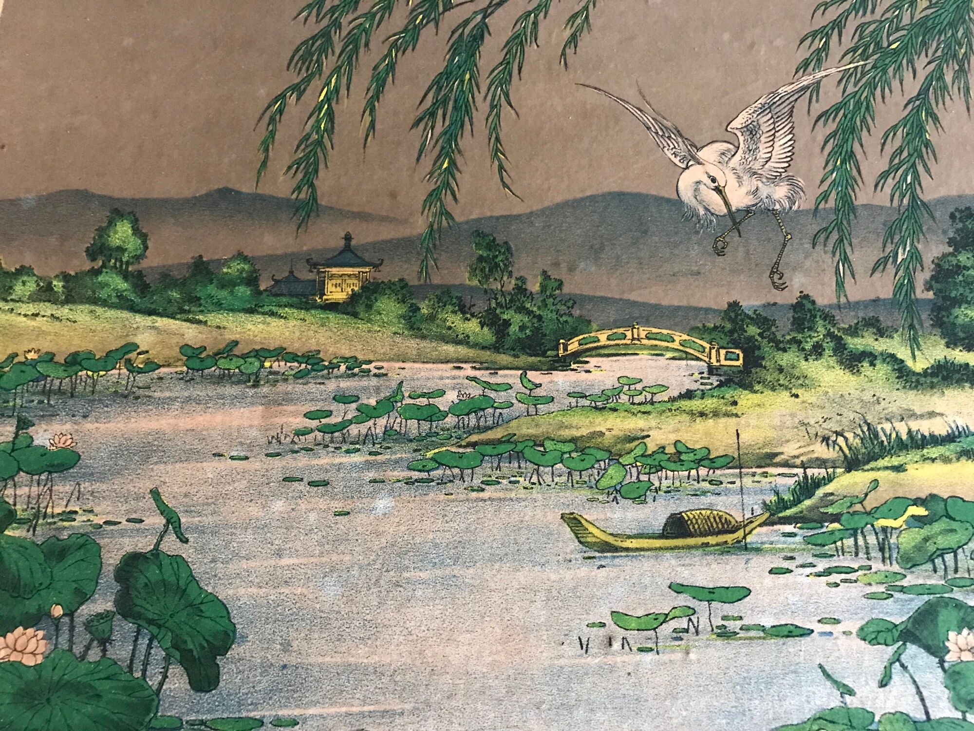 Ancient ESTAMPE of ASIA with Polychrome Decoration of Natural Landscape and Herons, XIXth