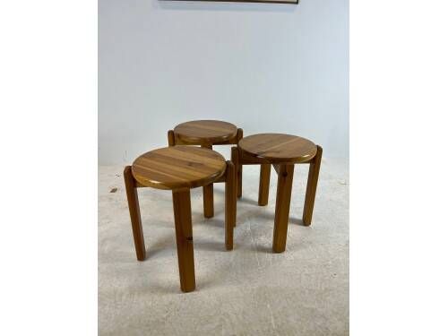 Set of three solid pine stools, 1970s.