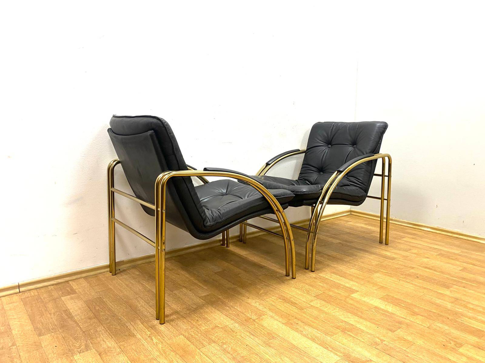 Vintage Leather and Metal Armchairs, 1990s, Set of 2