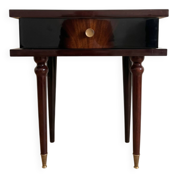 Table de chevet vintage Art Déco en bois foncé et détails dorés