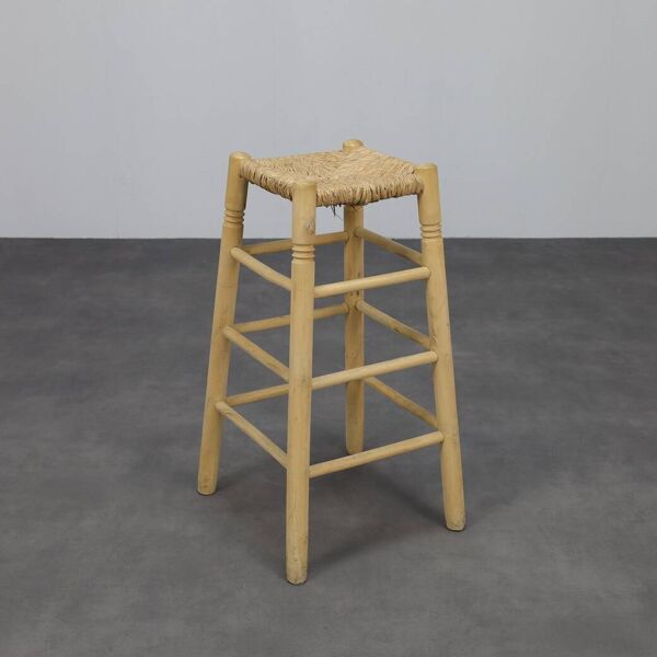 Ensemble de 4 tabourets de bar en bois et rotin, années 1970