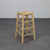 Set of 4 Barstools in Wood and Cane, 1970s