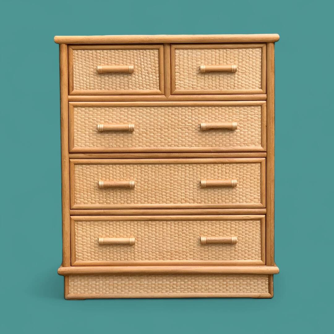Vintage rattan and woven wicker chest of drawers 1970