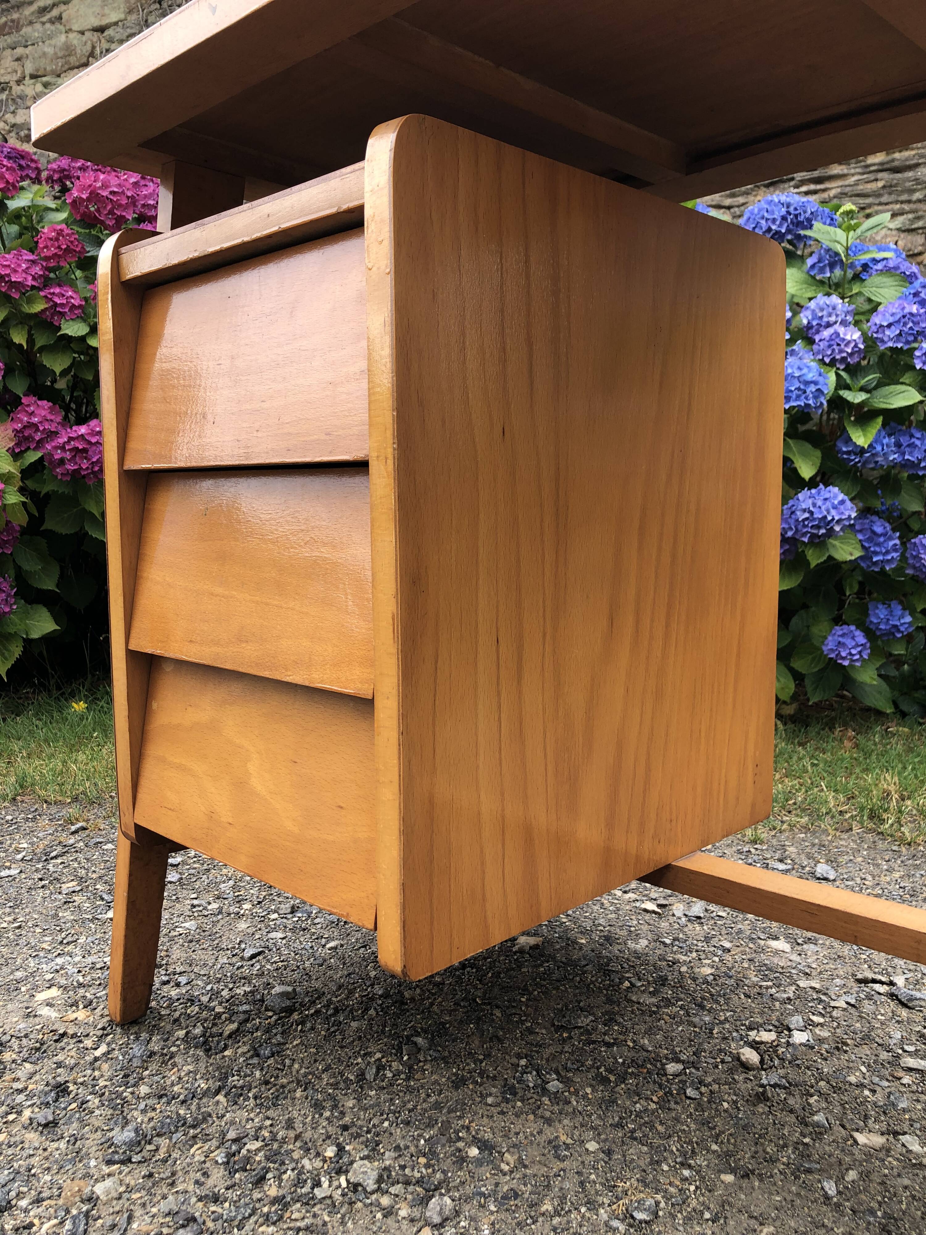 Vintage desk with beech compass legs with 3 drawers.