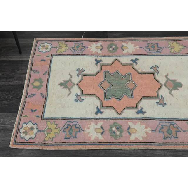 1970s Vintage Turkish Oushak Handmade Wool Cotton Orange Pink Rug  81x270