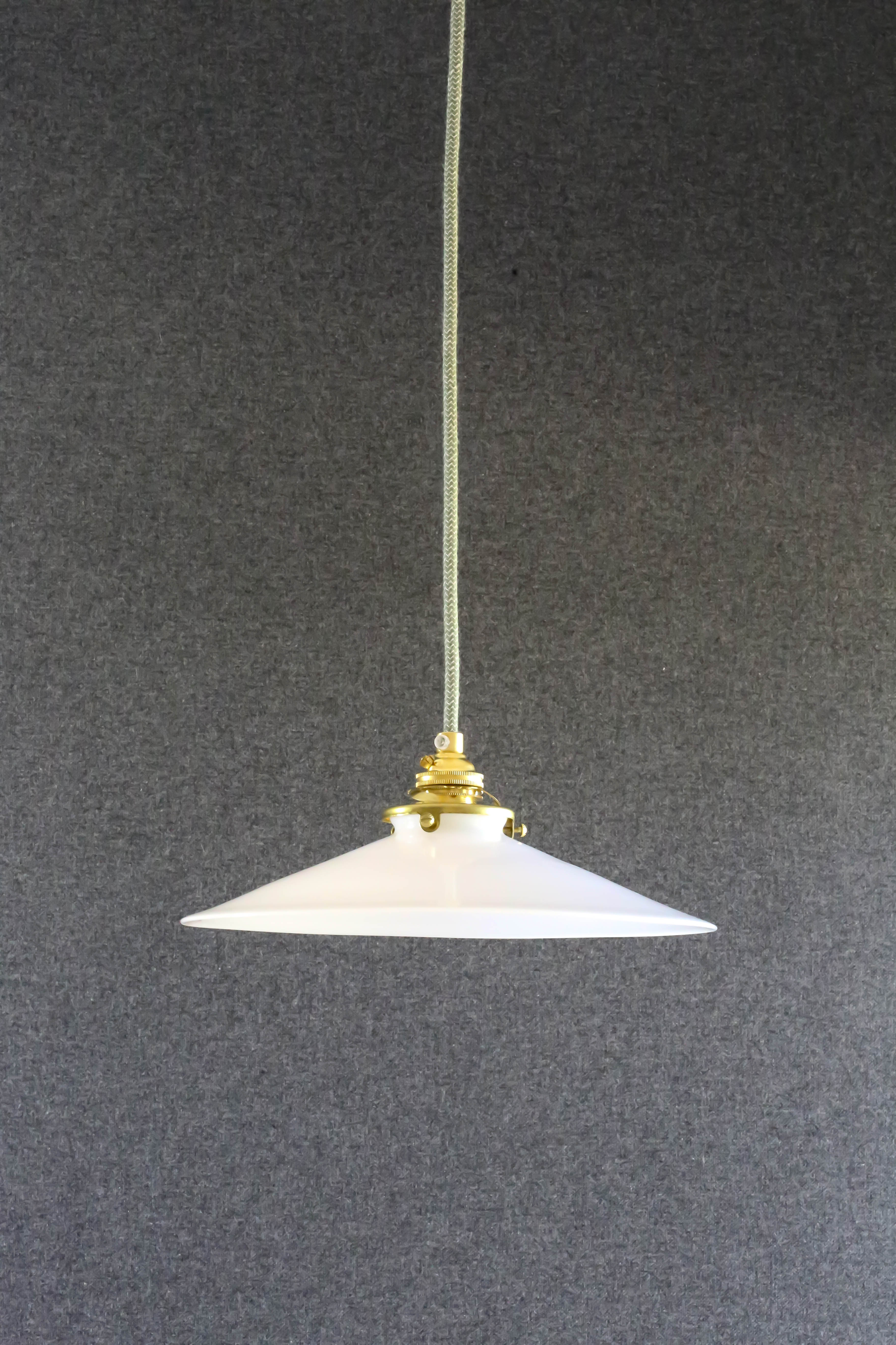 Smooth white opaline pendant lamp comes with a new cable and new brass socket