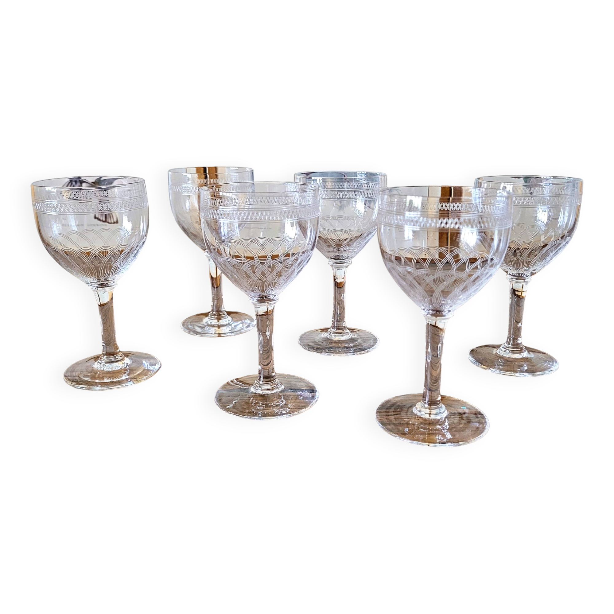 Antique red wine glasses in guilloche crystal, late 19th early 20th century (set of 6)