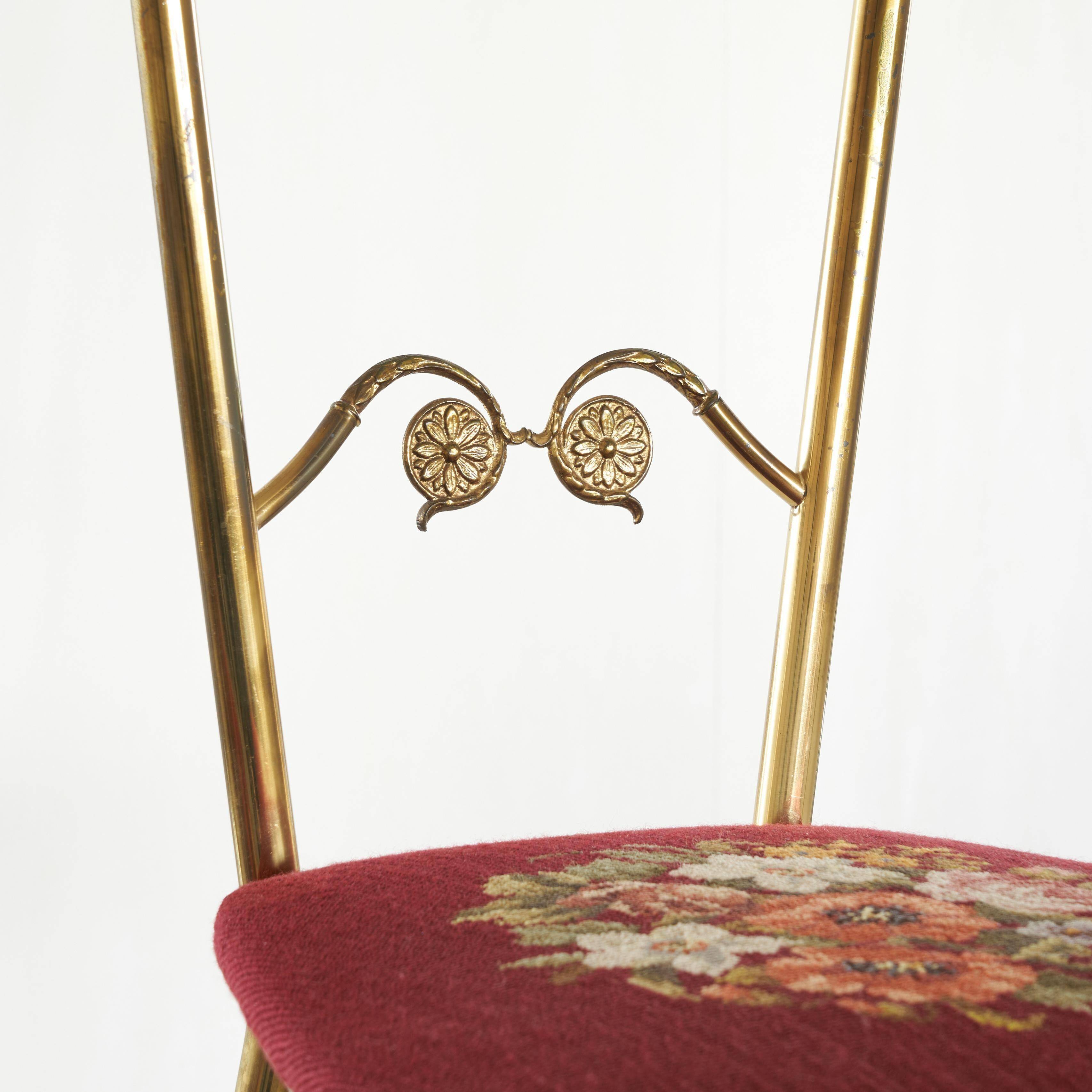 Chiavari chair with high back, brass, embroidery from the 1960s.