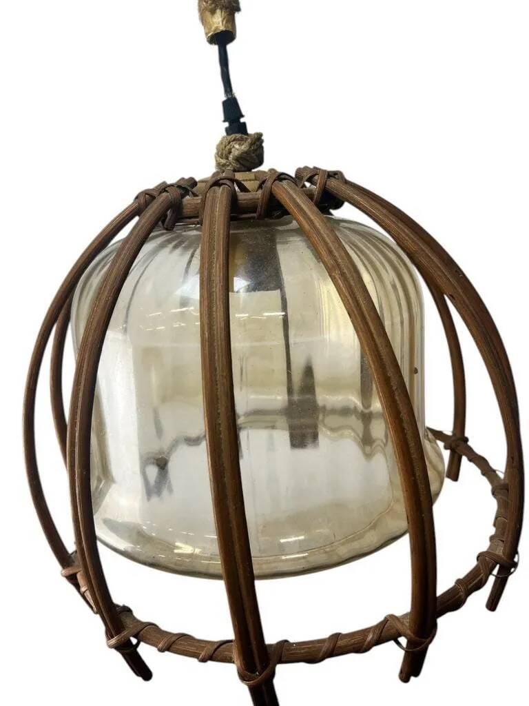 Vintage rattan pendant lamp with glass shade and cord accent