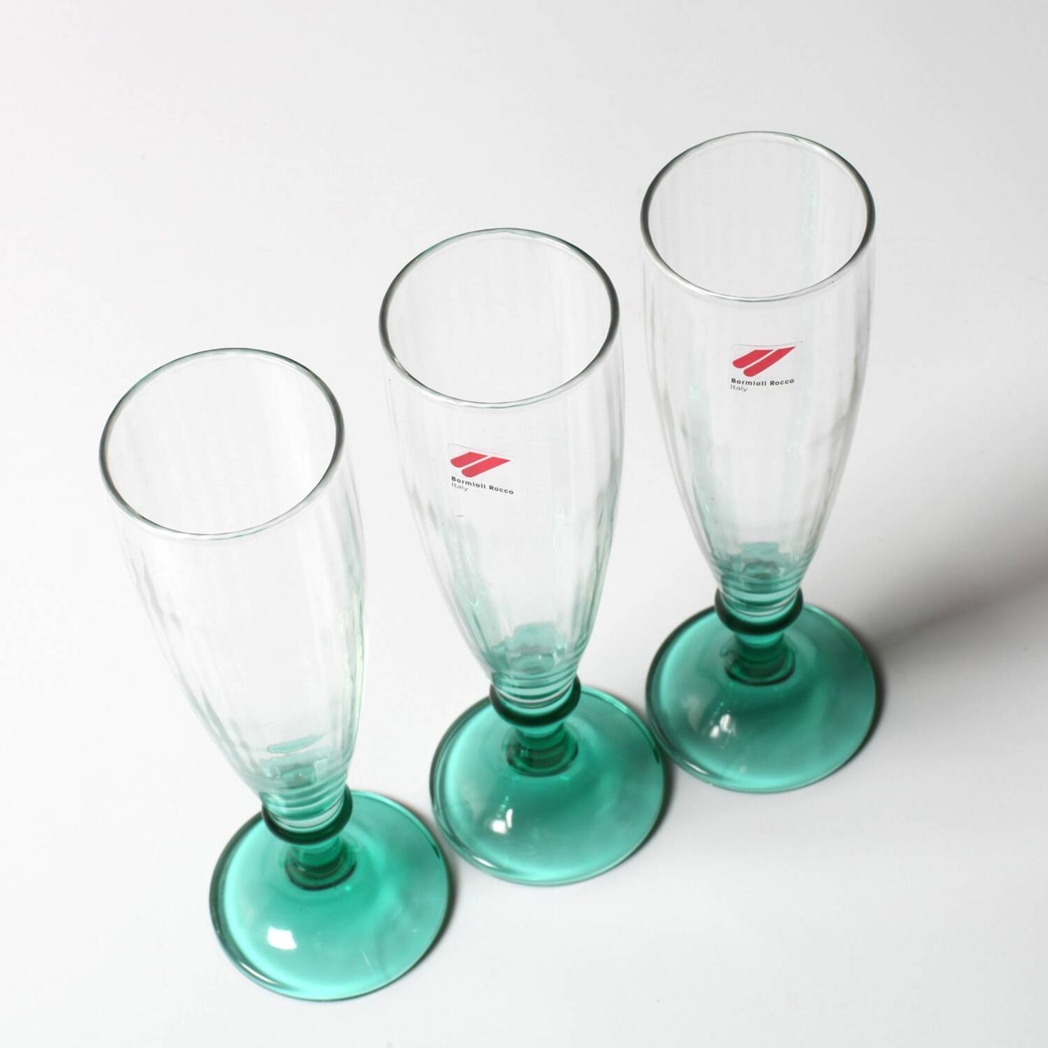 Set of 3 Vintage Green Stem Champagne Flutes: Bormioli Rocco Harmonia, 1990