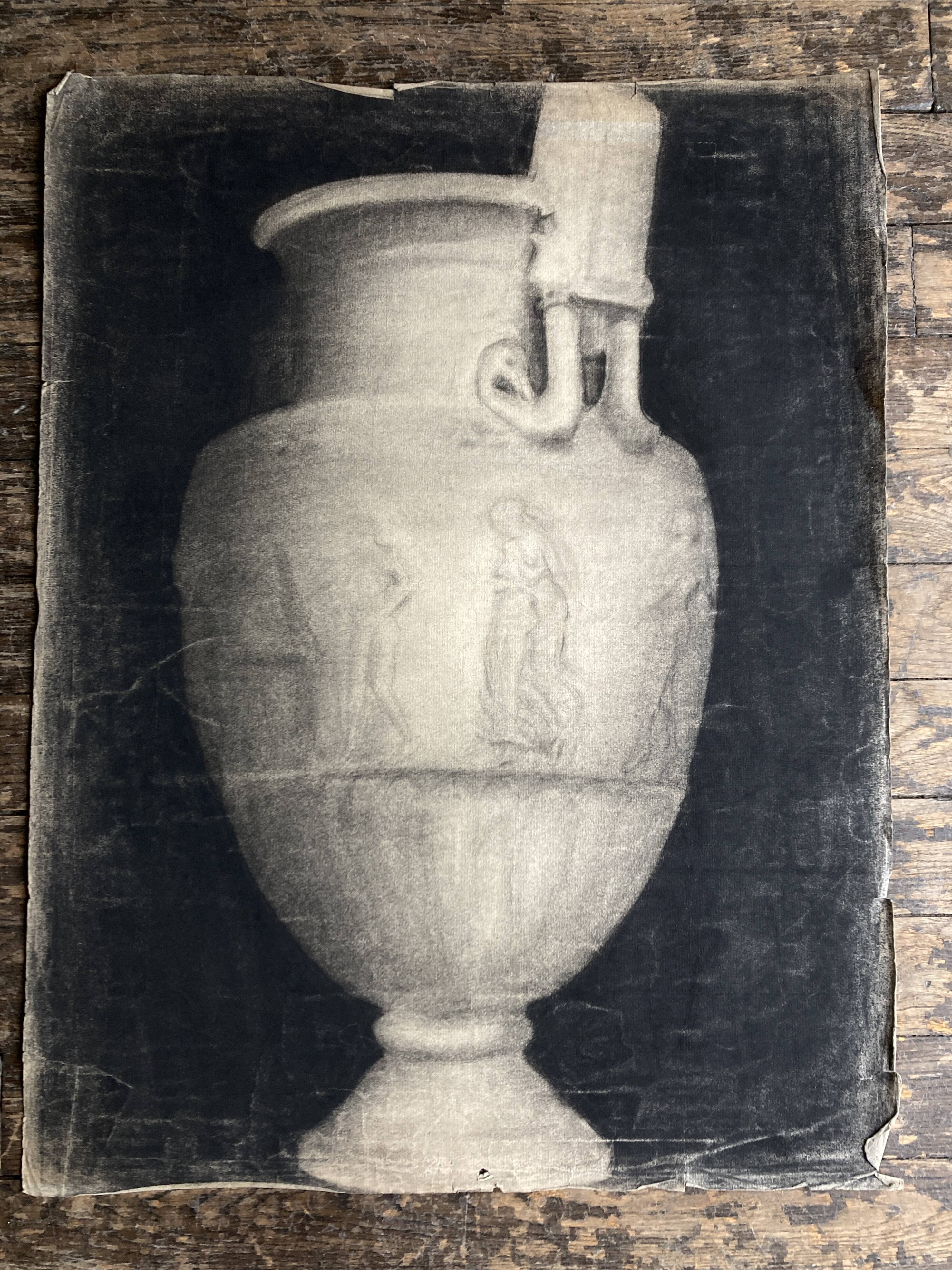 Neoclassical studio study of a marble jar, bas-relief, charcoal, 1920