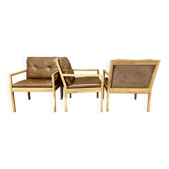 Suite of 3 scandinavian design leather armchairs "bernt petersen" 1960.