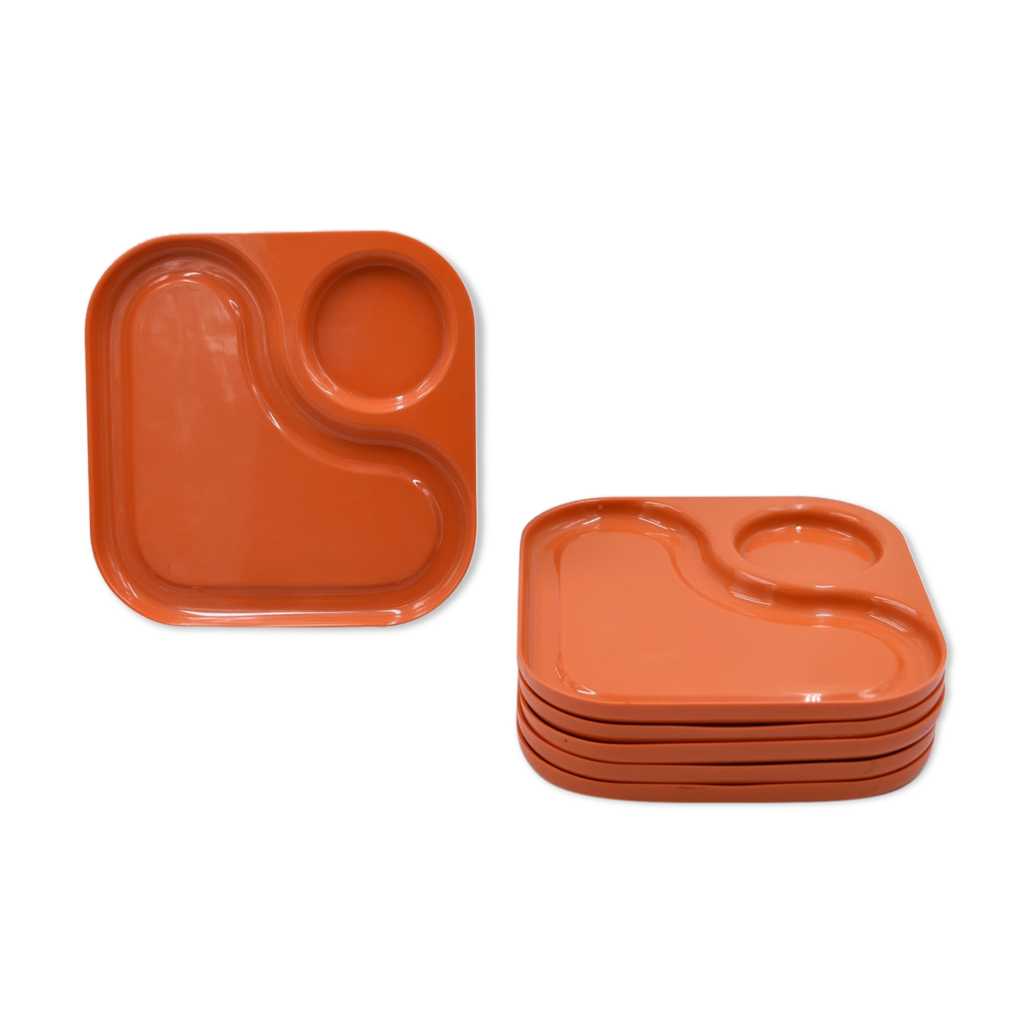 6 orange Guzzini plates with vintage 70s compartments