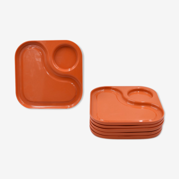 6 orange Guzzini plates with vintage 70s compartments