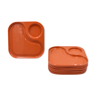 Set de 6 assiettes Guzzini orange à compartiments années 70 vintage