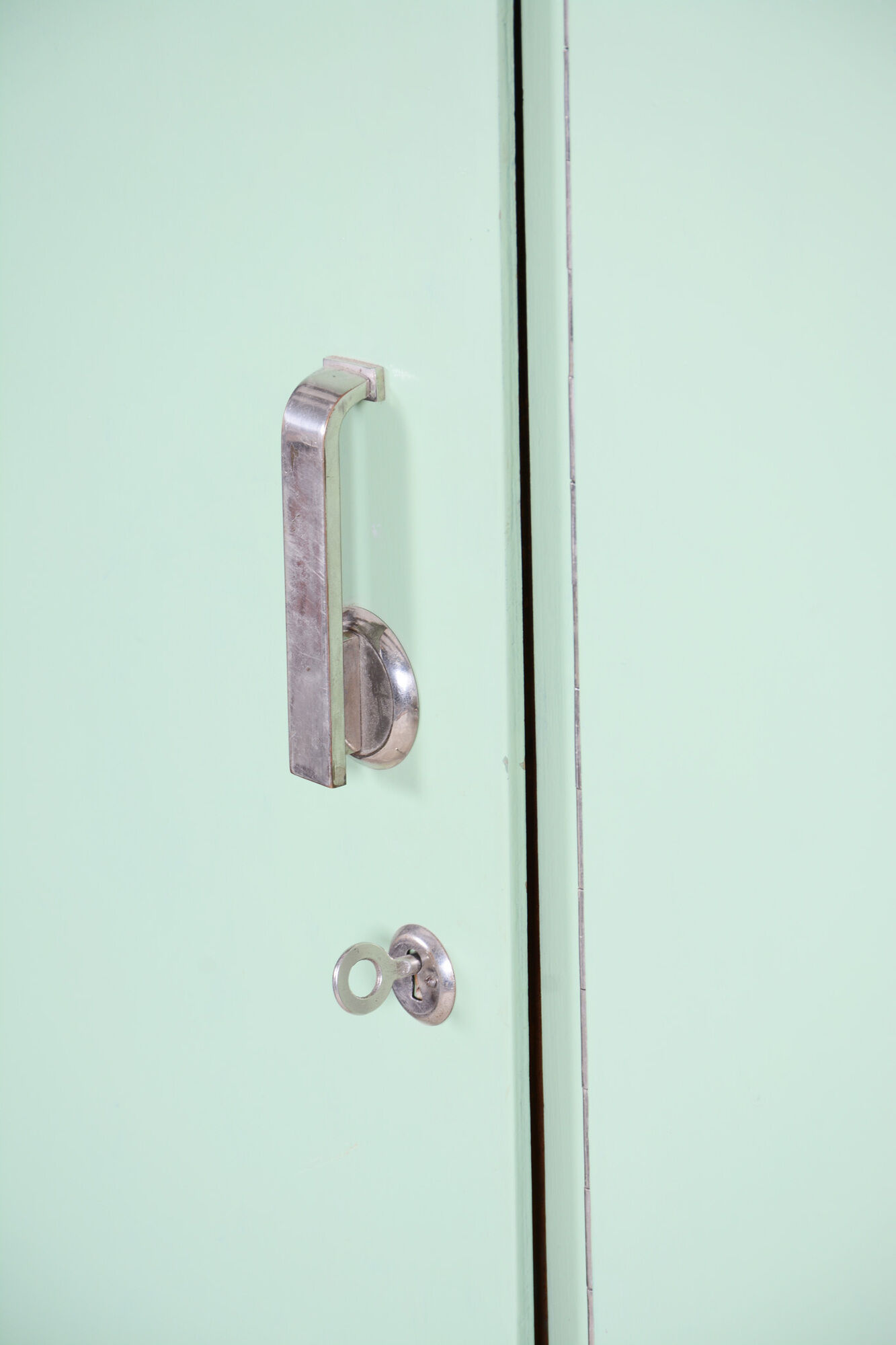 Turquoise Bauhaus three door wardrobe made in 1930s Czechia by Vichr a spol.