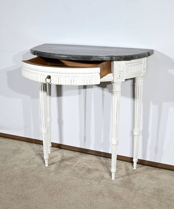 Console demi-lune en bois rechampi, style Louis XVI, début XIXème