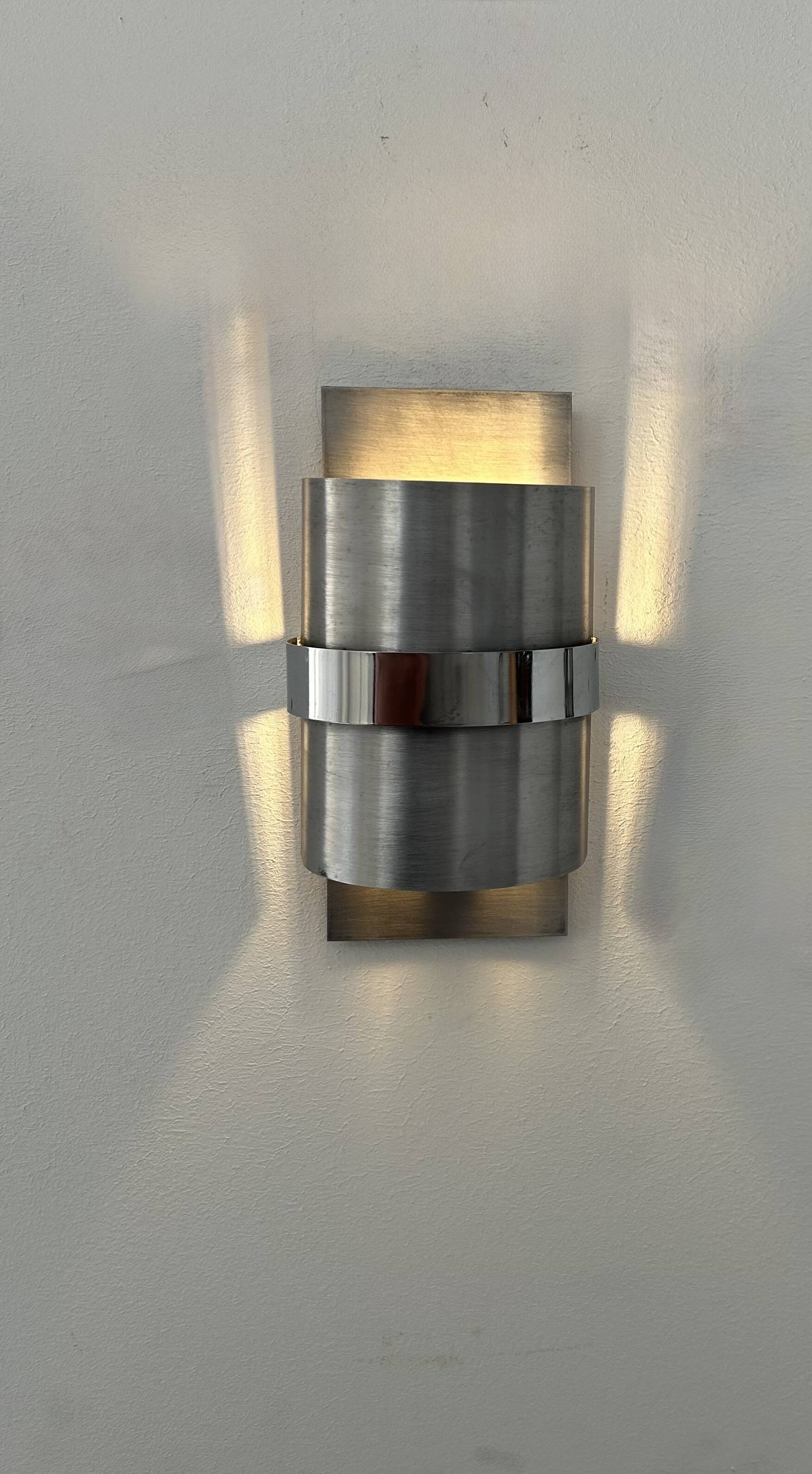 Pair of vintage wall lights, brushed metal and chrome, France 1970