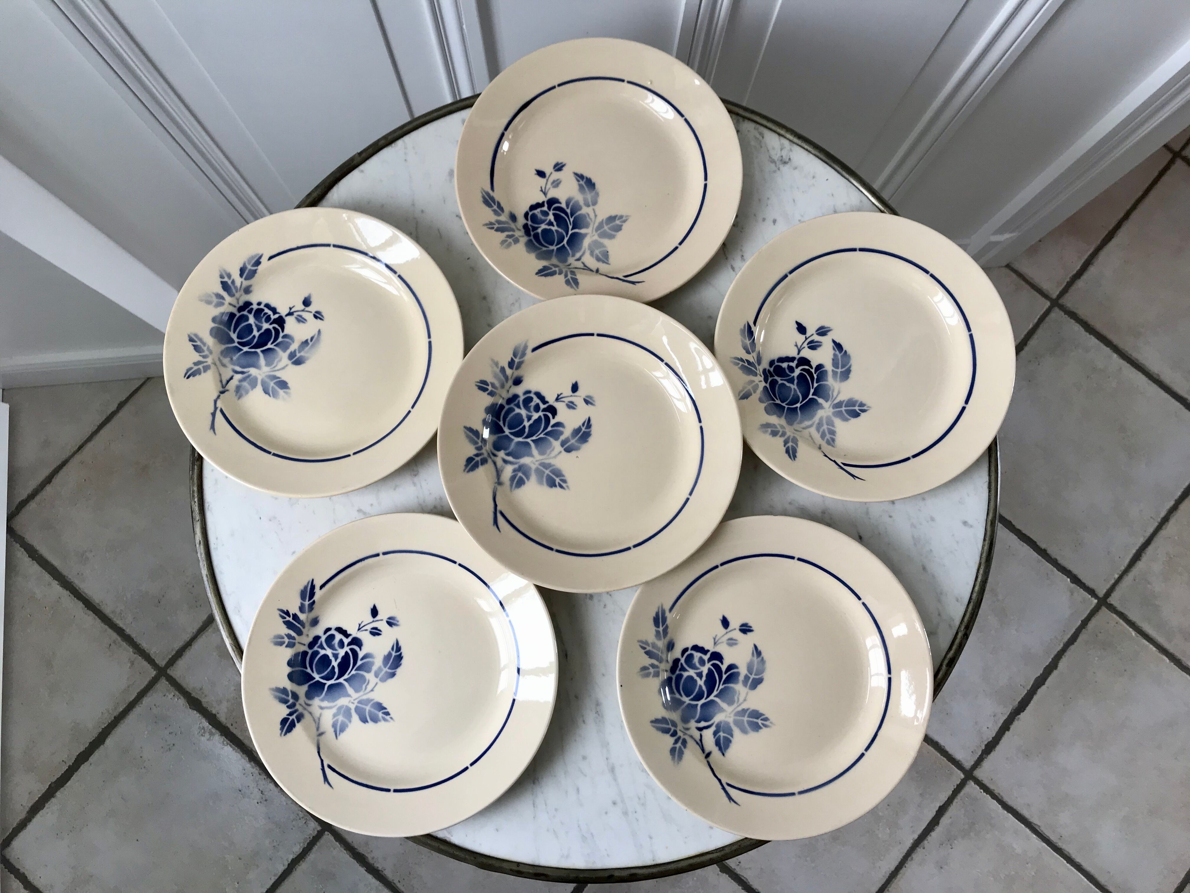 Set of 6 dessert plates blue flowers saint-amand 30s-40s