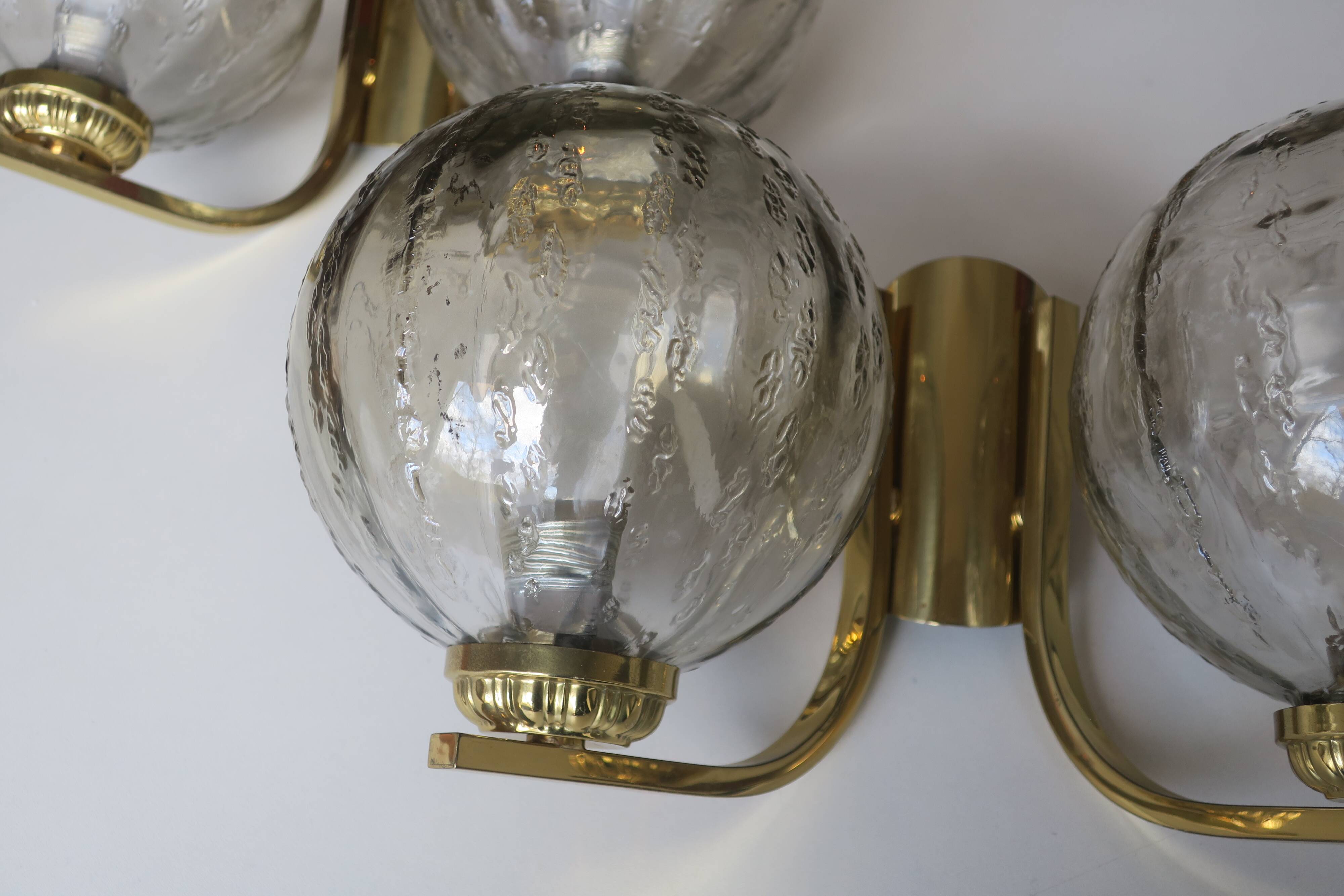 Vintage pair of brass and glass double wall lights, 1970s