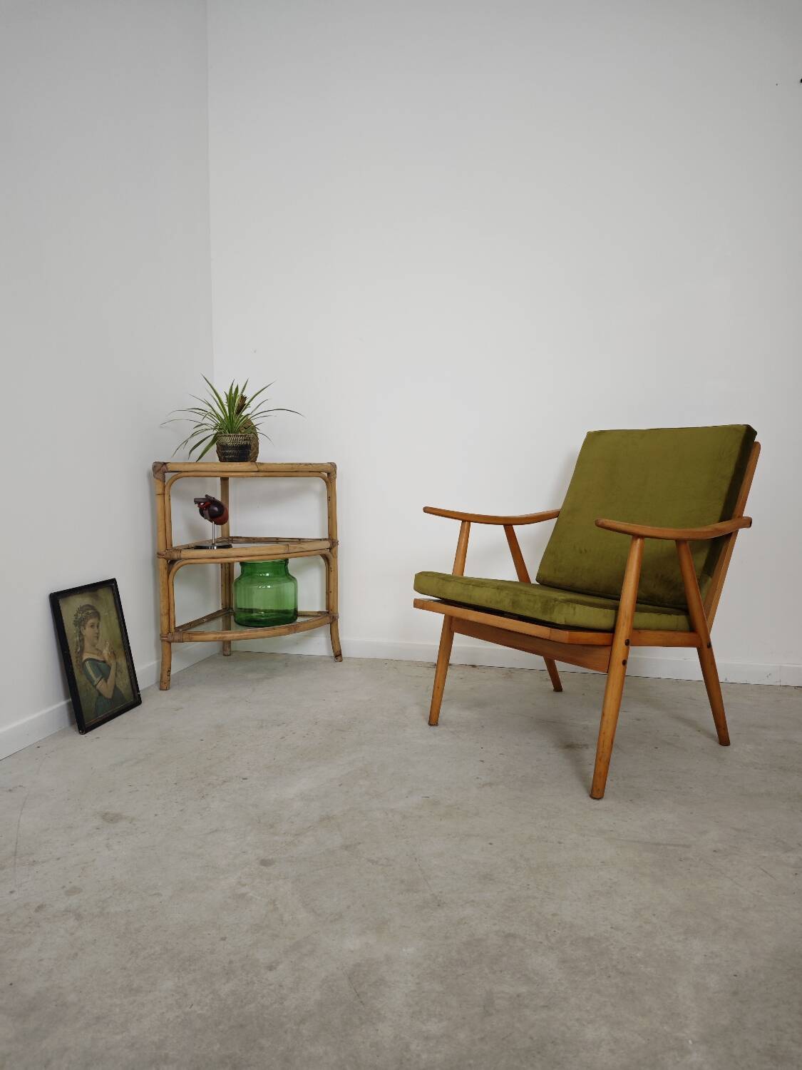 Rattan and glass corner shelf 1970