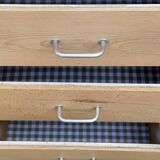 Vintage tall chest of drawers in raw wood and grey-blue from the 1950s.