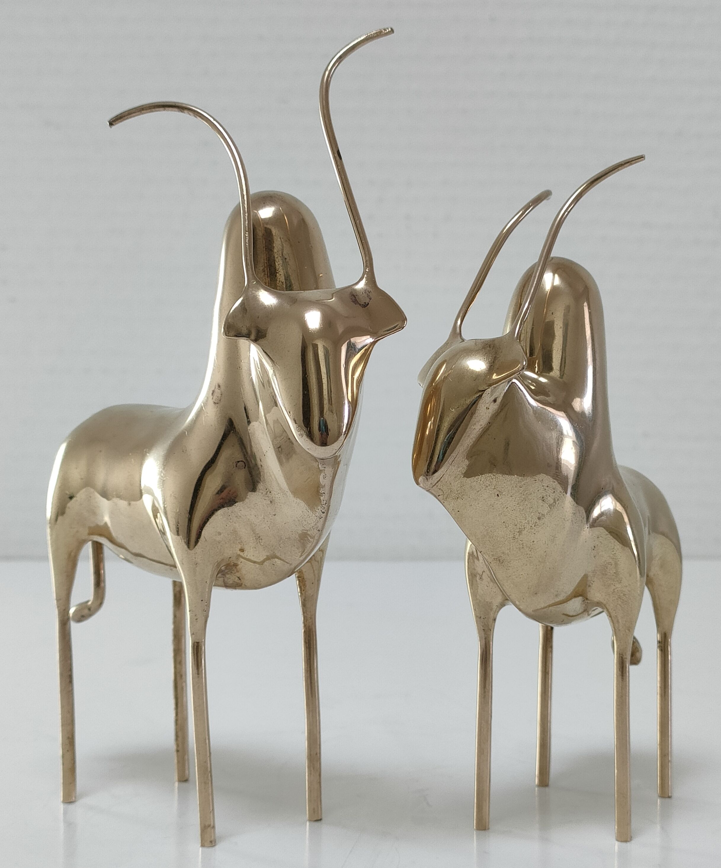 Two stylized zebu with long vintage brass horns