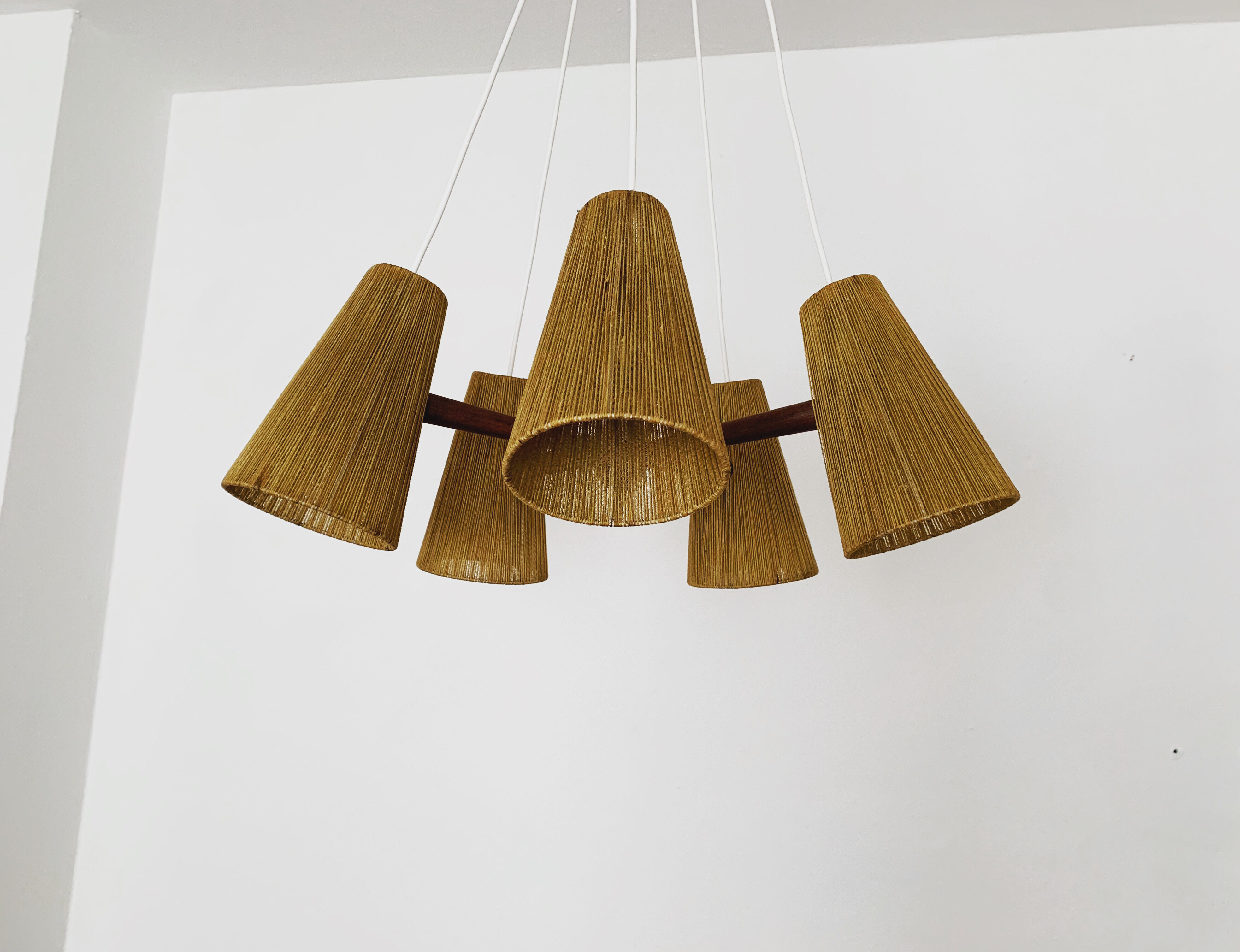 Teakwood and raffia bast chandelier by Temde