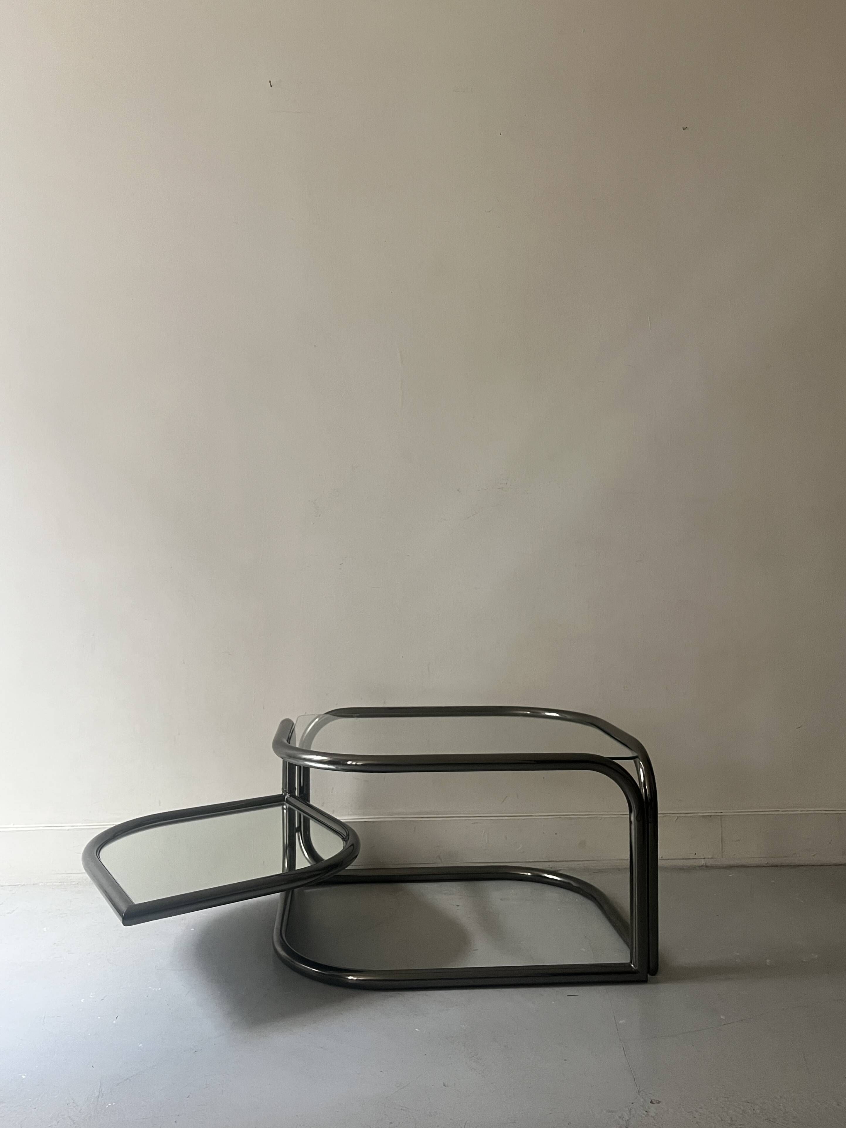 rotating coffee table drop in tubular chrome metal, glass and mirror, design 1970