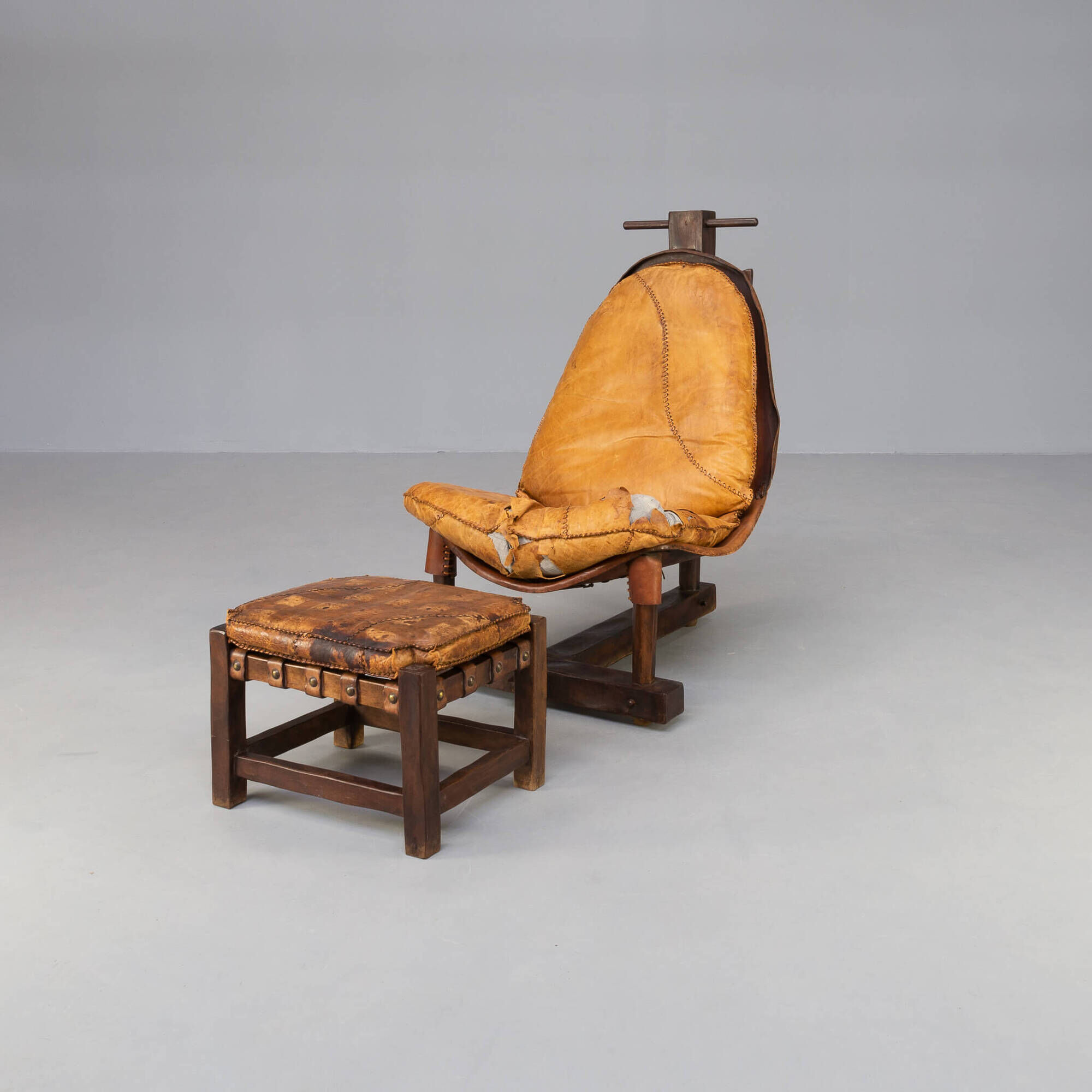 60s Brazilian brutalist patchwork leather lounge fauteuil with hocker