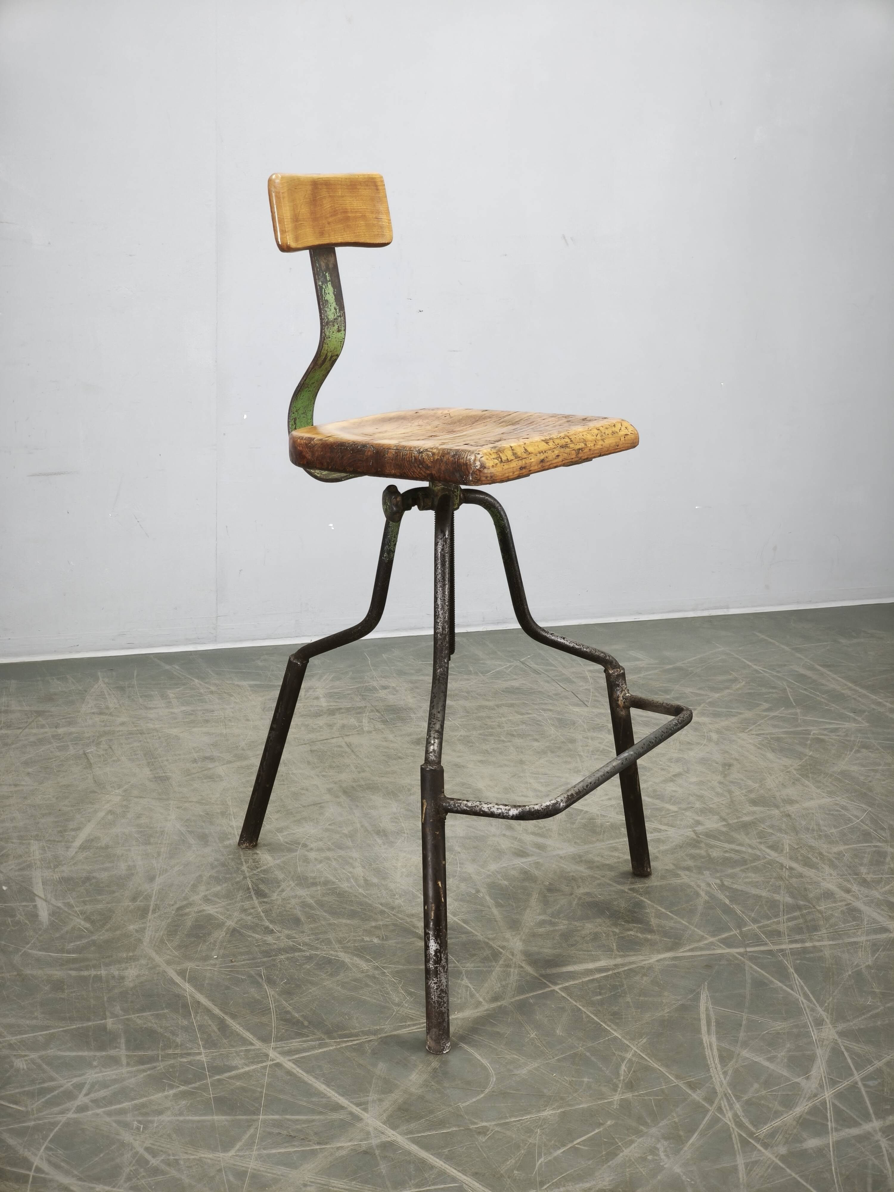 1940s Czechoslovak Industrial Height Adjustable Swivel Workshop Chair