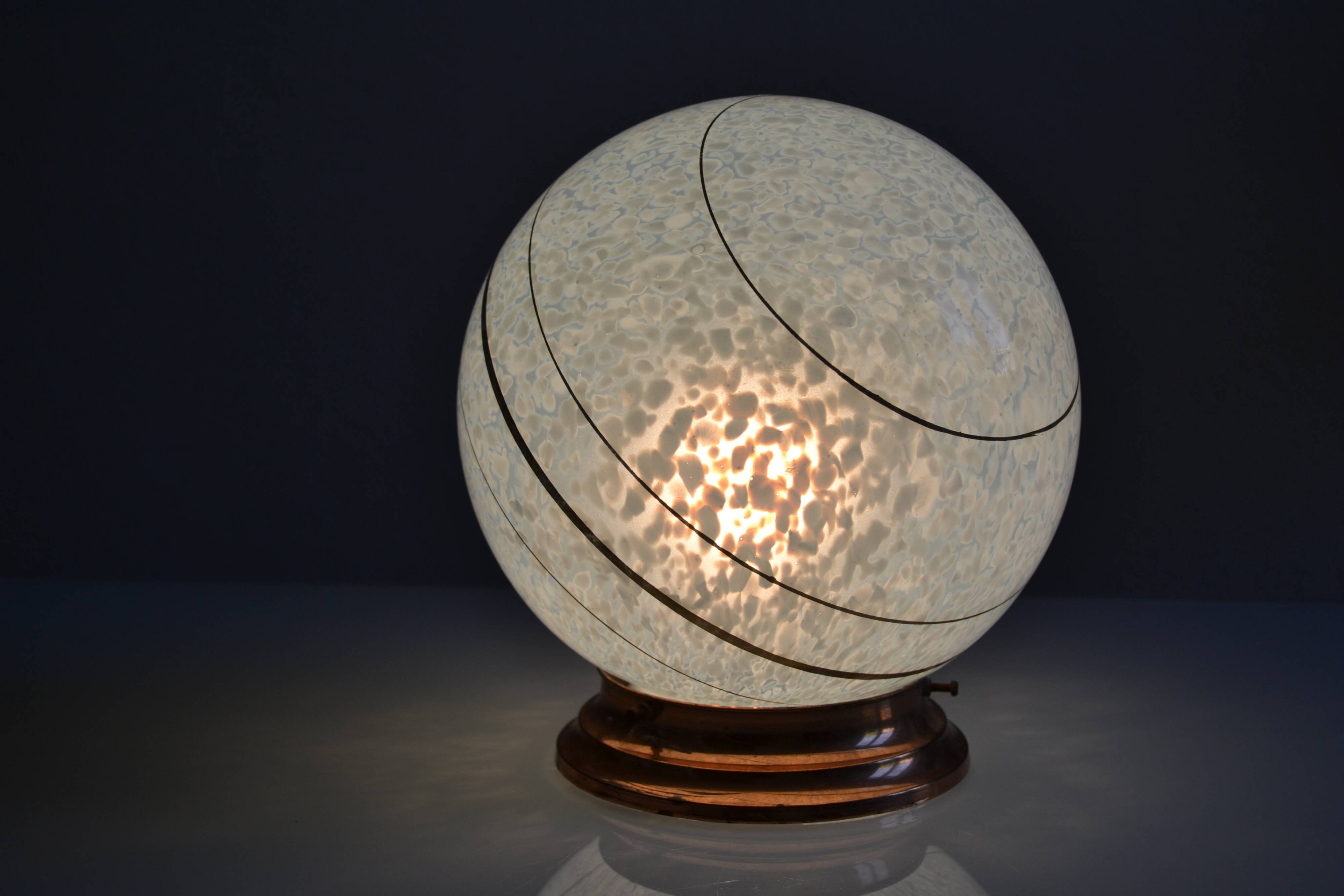 Art Deco table lamp with blue speckled opaline glass globe