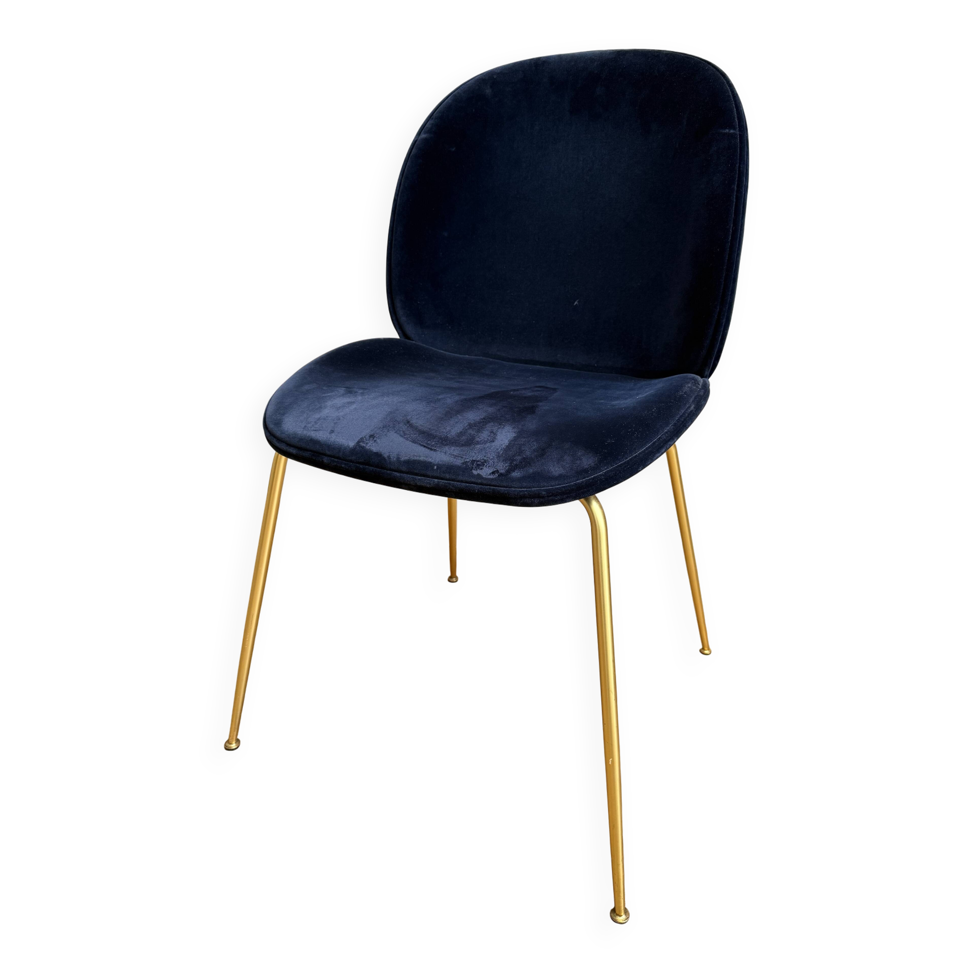 GUBI Beetle designer chair in midnight blue velvet with brass base