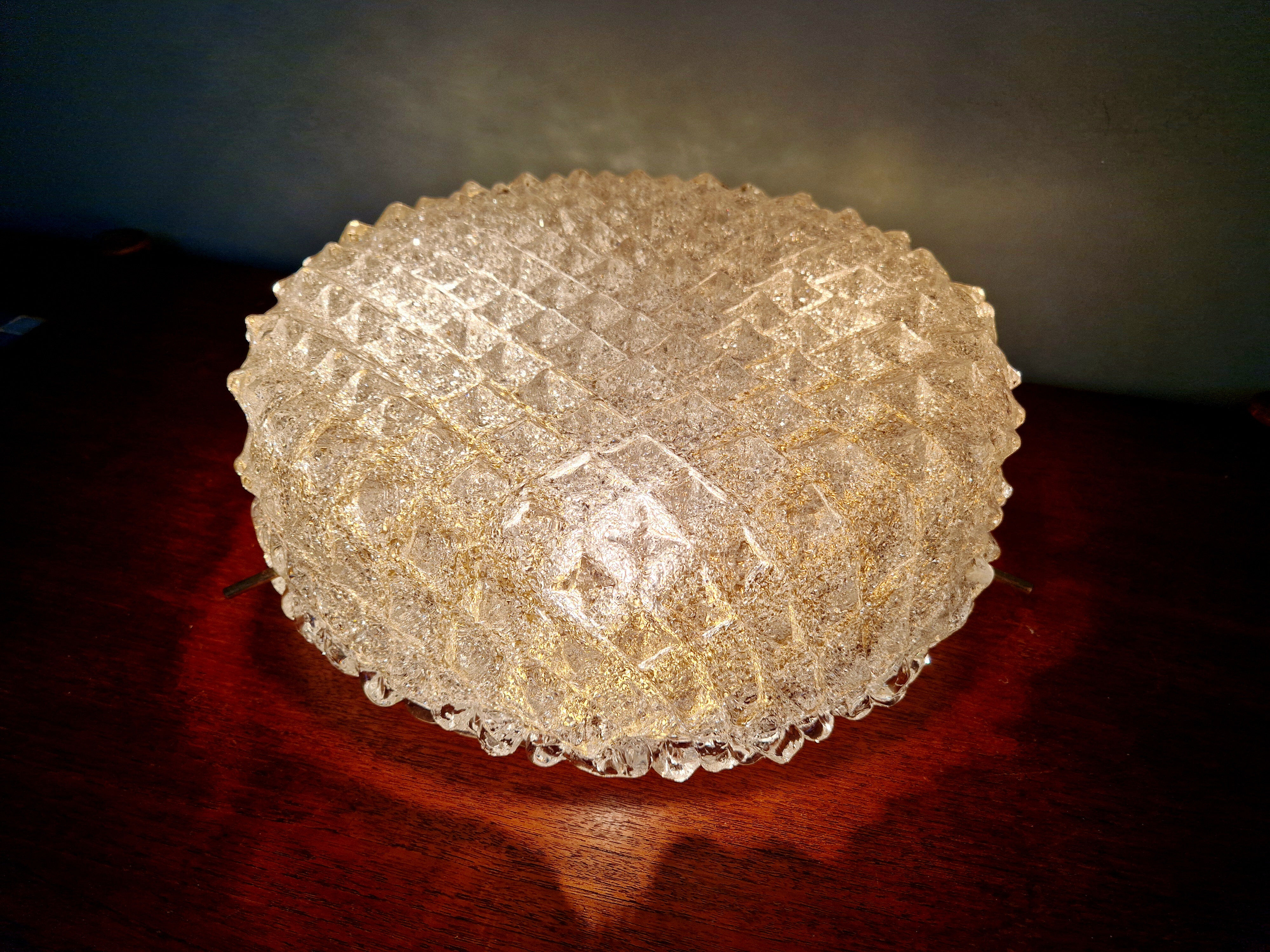 Large brass and frosted glass ceiling light, Hillebrand Lighting, 1970.