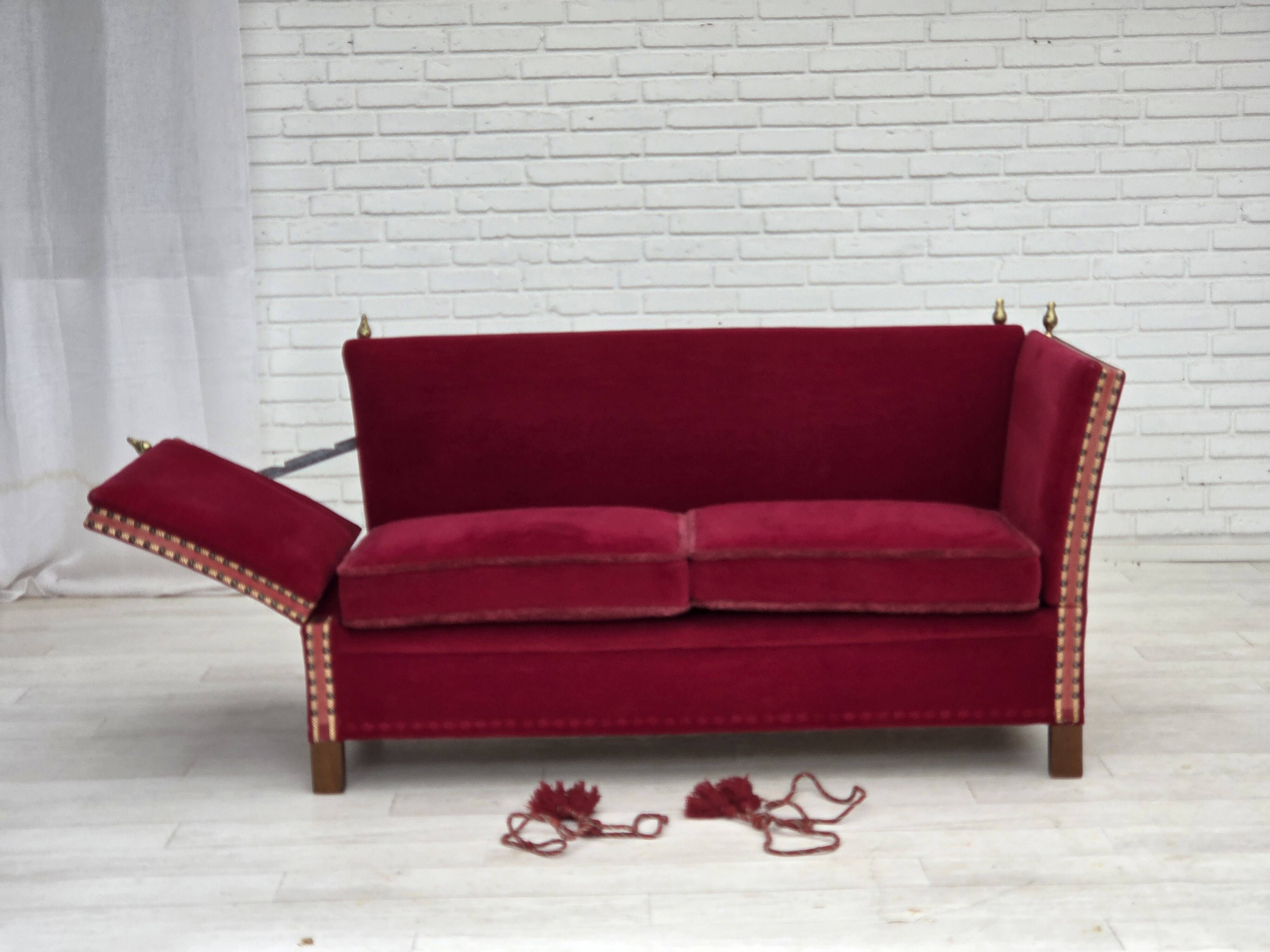 1970s, Danish 2-seater "Spanish" drop arm sofa, red furniture velour.