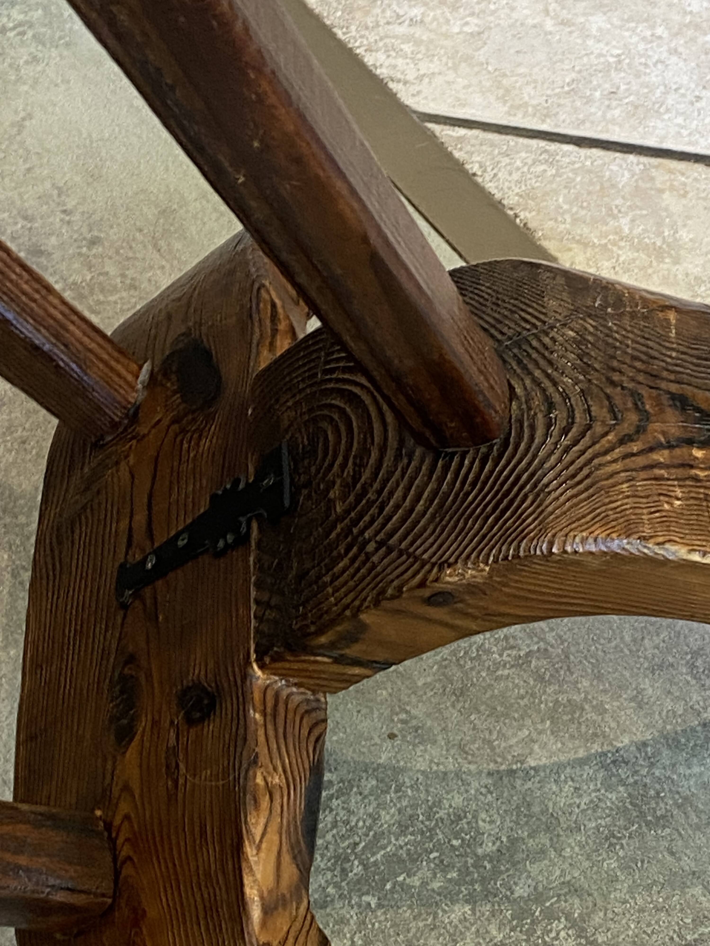 Brutalist tripod chair n1, carved solid wood, antique.
