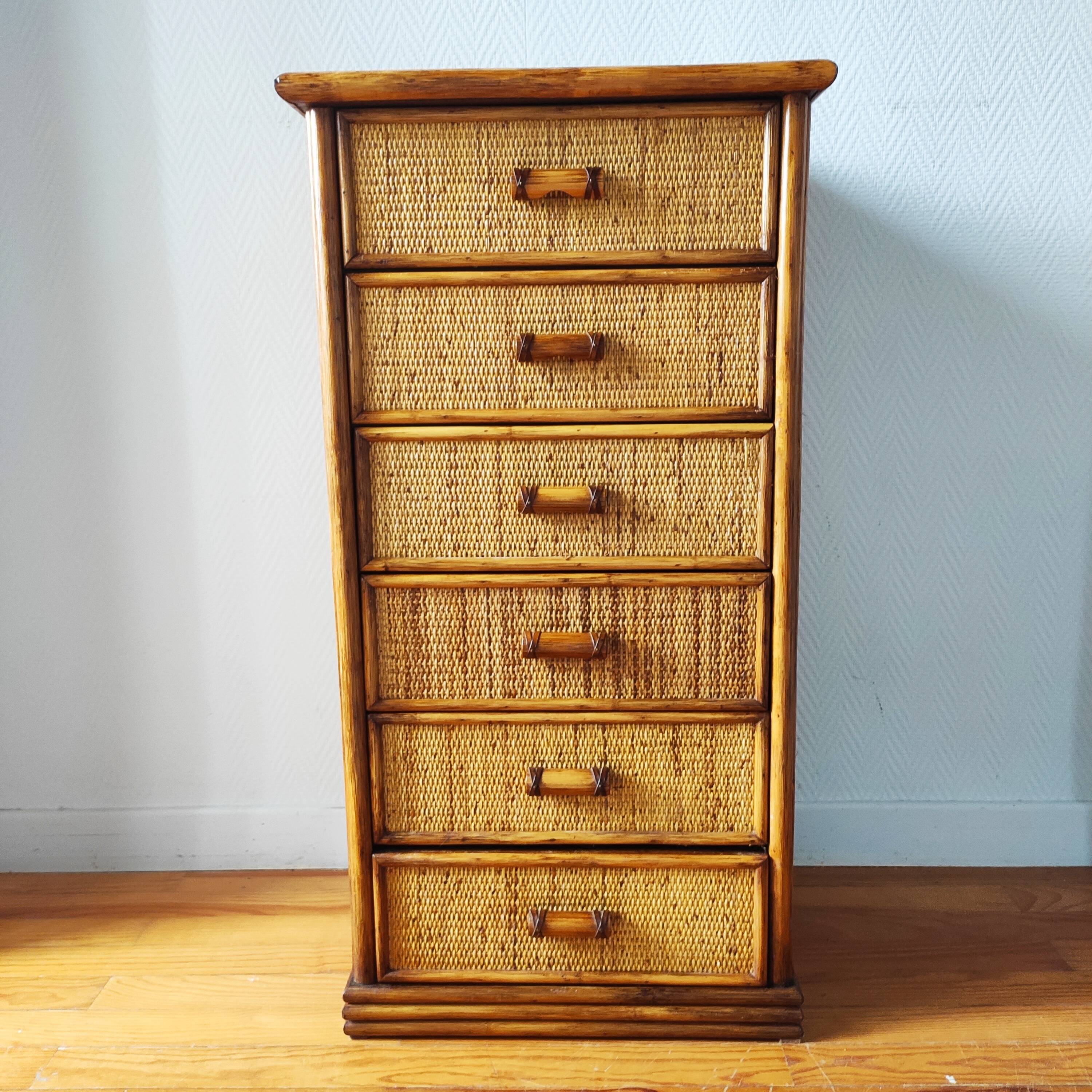 Vintage wicker and rattan chest of drawers