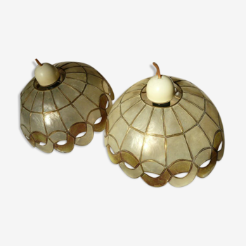Pair of mother-of-pearl and brass lampshades