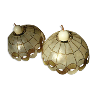 Pair of mother-of-pearl and brass lampshades