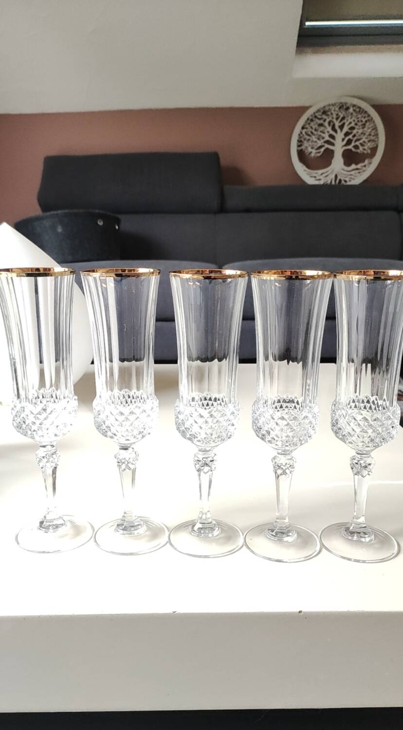 Lot of 5 x Large Champagne Flutes Valencay Gold/Cristal d'Arques