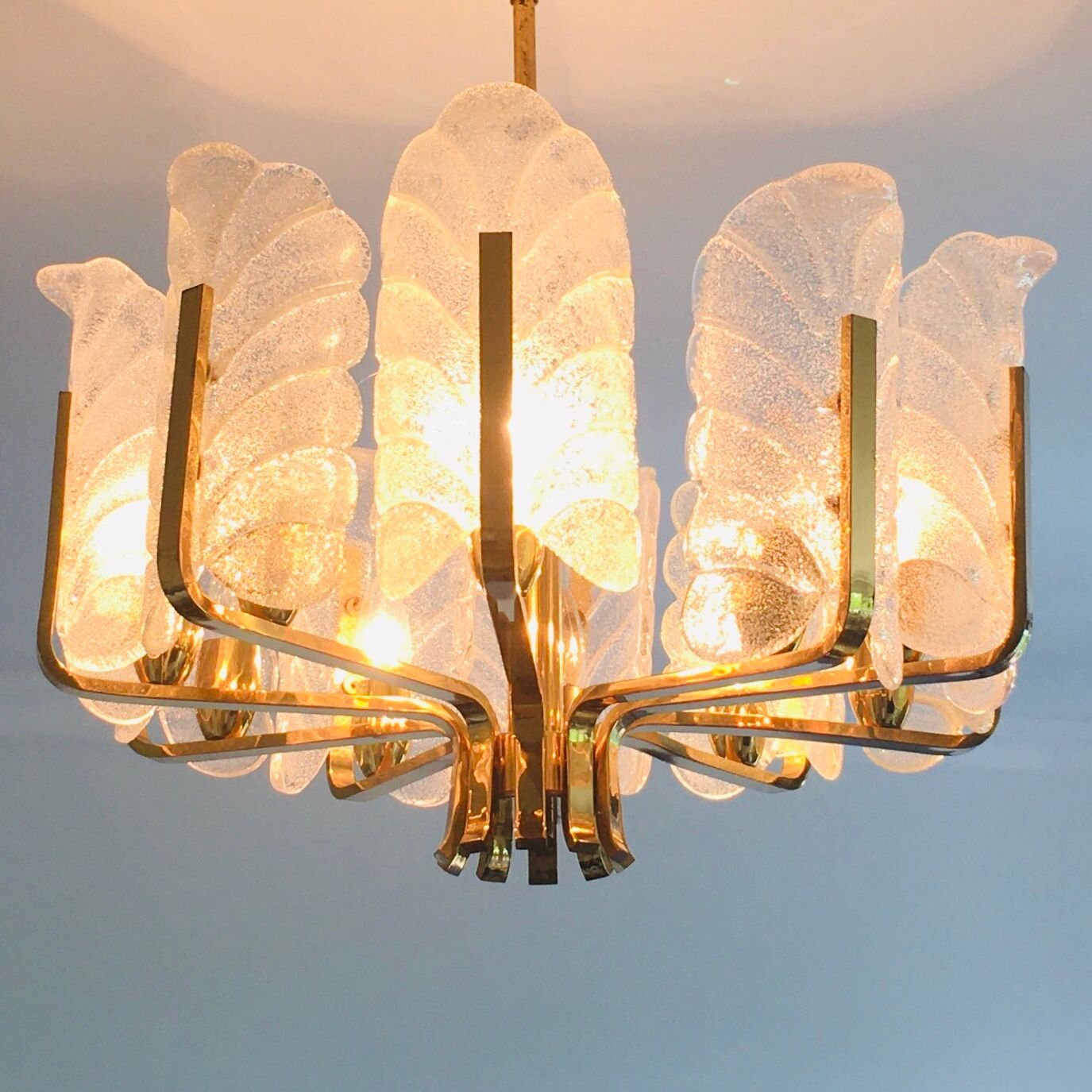 Scandinavian Brass Chandelier with 10 Glass Leaves by Carl Fagerlund for Orrefors, Sweden, 1960s
