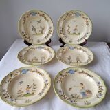 Soup plates with Moustiers de Longchamp decor, AL. Mark signature, 80s